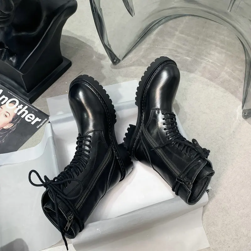 

2021 New Genuine Leather Women's Ankle Motorcycle Boots Round Side Zipper Chunky High Heels Autumn Winter Boots Shoes Woman