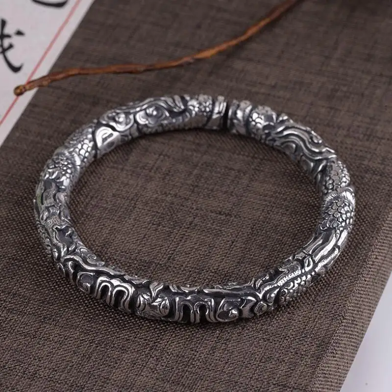 

Handcrafted 100% 990 Silver Dragon Bangle 925 Sterling Dragon Cuff Bracelet Pure Silver Man Bracelet Good Luck