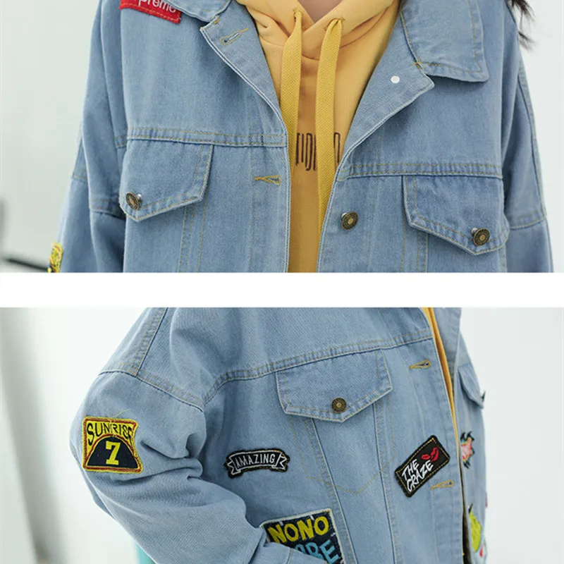 

Cartoon badge denim coat women Oversized loose jean jacket spring embroidery streetwear women's denim jacket hip hop outerwear