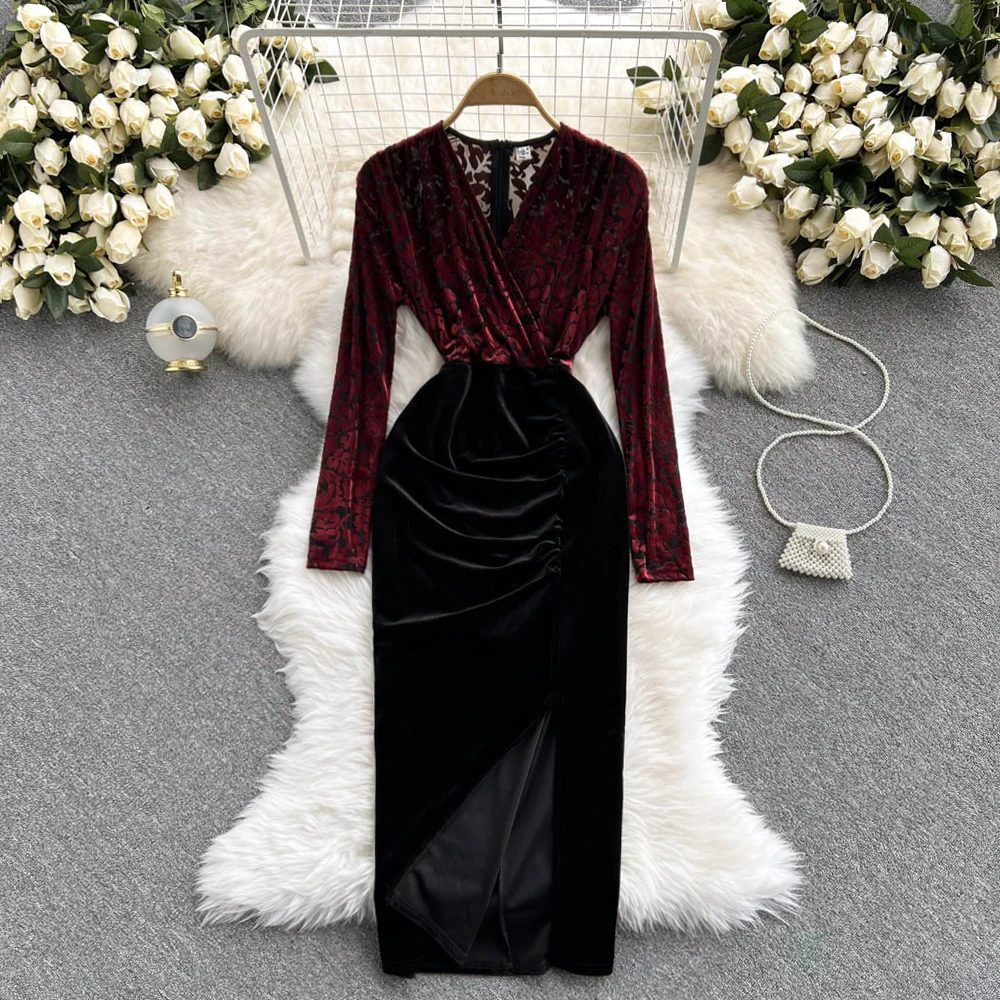 

B771 Women New Fashion Autumn V-neck Fold Slim Long Sleeve Split Velvet Package Hip Dress Vintage Elegant Vestido De Mujer