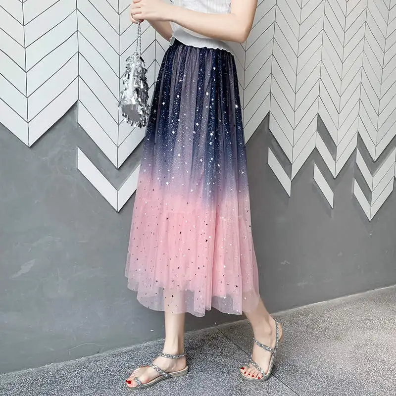 

Starry Sequin Mesh Tulle Skirts Womens Jupe Femme Fashion Elegant Long High Waist Skirt Faldas Summer Tutu Pleated Skirt C6054