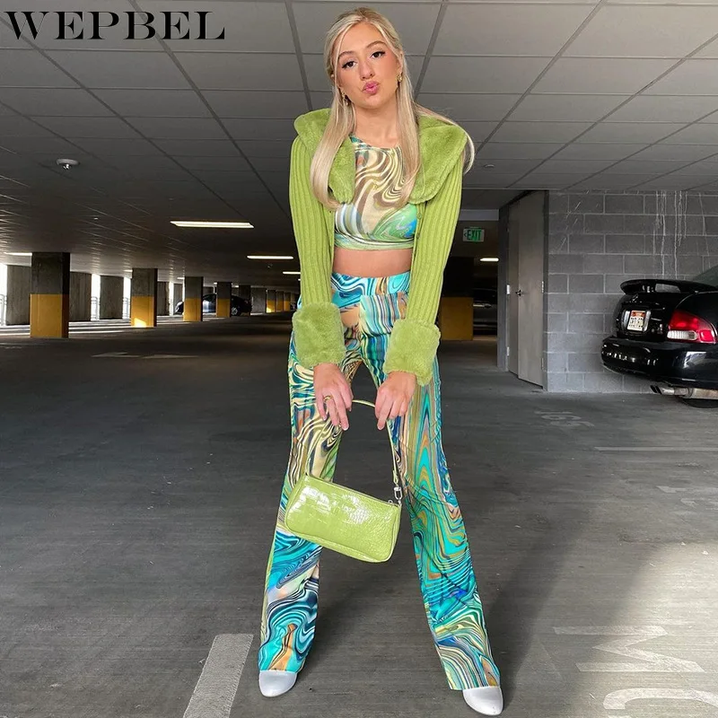 

WEPBEL Women Fashion High Waist Print Pants Wide Leg Pants Strech Trousers Ladies Flared Trousers Loose Pants