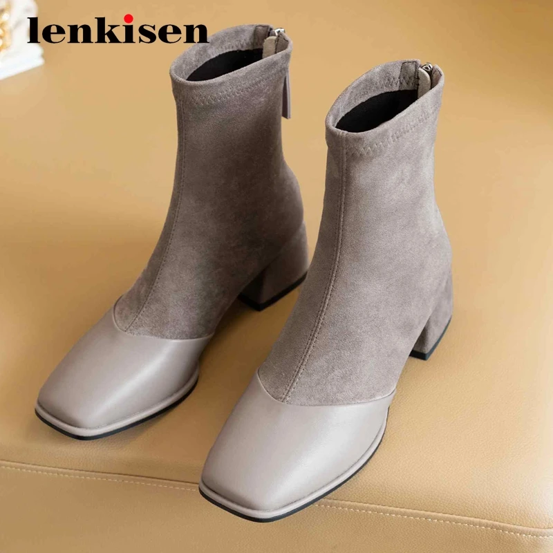 

Lenkisen large size real cow leather mixed cloth square toe thick med heel zipper concise style superstar maiden ankle boots L31