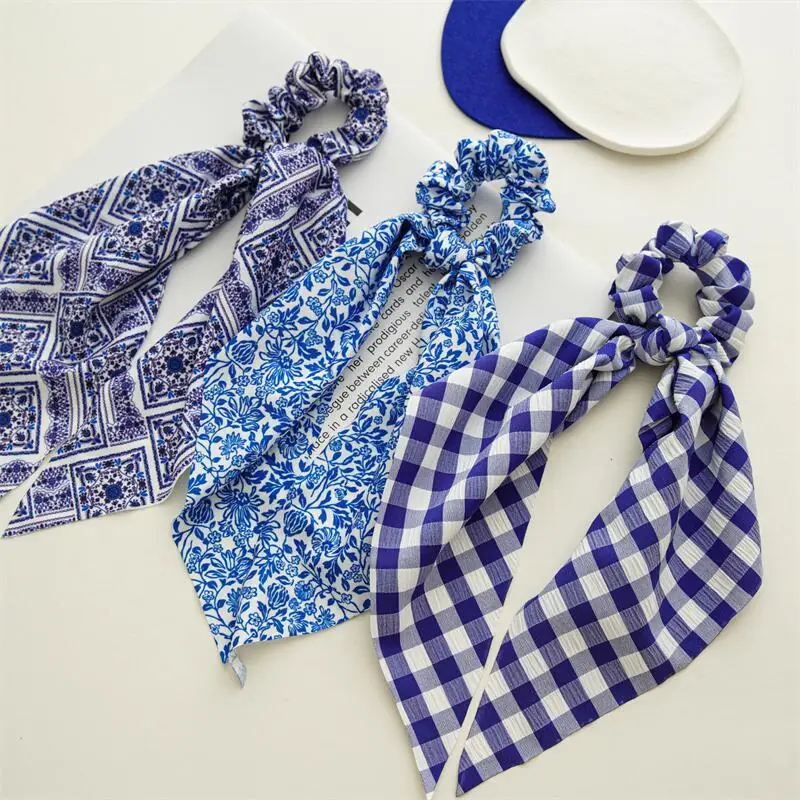 

Fashion Blue Color Print Bow Streamers Scrunchies Women Hair Scarf Elastic Hair Bands Rope Ties Girls Hair Accessories