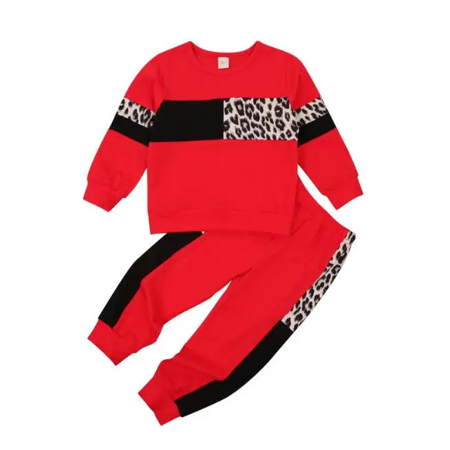 

Fashionable Kid Children Sportswear Suit Long Sleeve Round Neck Leopard Pattern Tops Elastic Head Long Pants Autumn Outfits