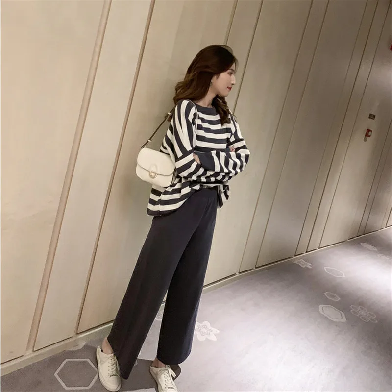 

New Spring Autumn Knitted Two Piece Set Women Loose Striped O-neck Long Sleeve Sweater Wide Legs Pants Elastic Waist Suit Female