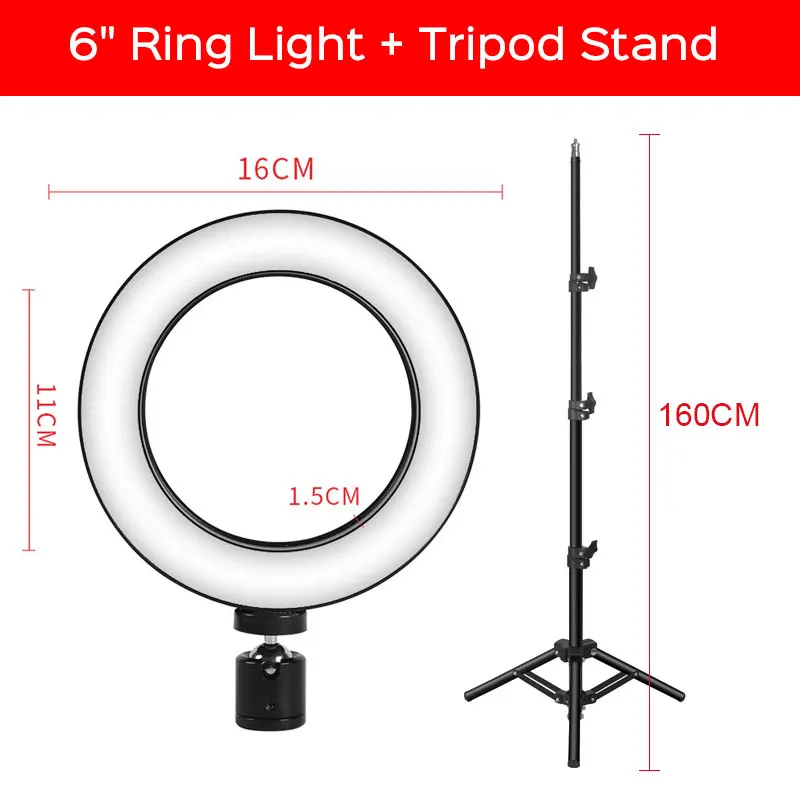 6inch Light Tripod Фон для фотосъемки светодиодный Кольцевая вспышка для селфи 16/26 см с регулируемой яркостью телефон студия Камера кольцевой светильник с 1,6 м штатив-Трипод стойка для живой Макияж Видео - Цвет: 6inch Light Tripod