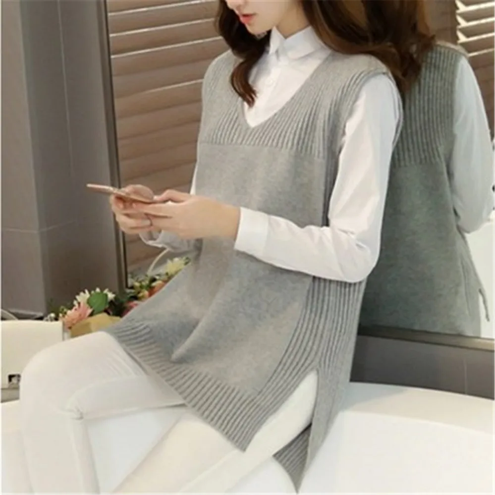 

Sweater Vests Women Patchwork Side-slit V-neck Elegant Sleeveless Female Casual Simple Fashion Office Ladies Korean Soft Loose