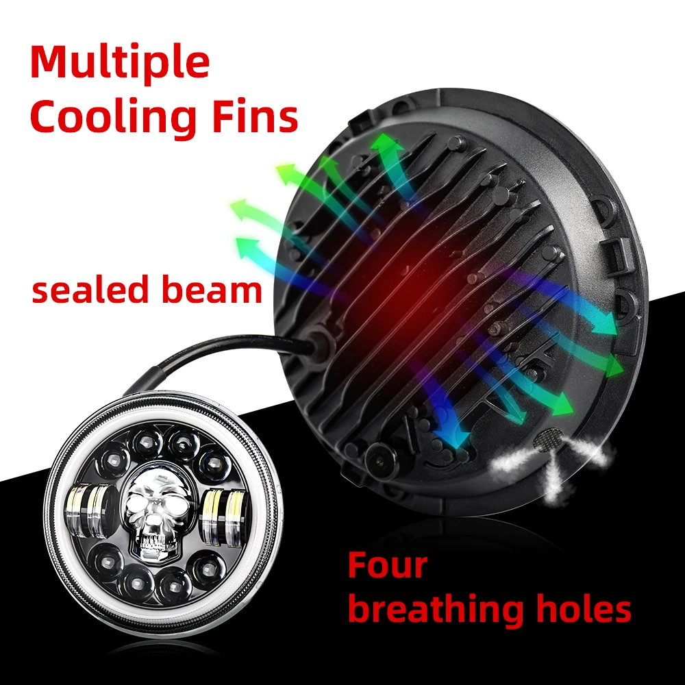 Dot-L&aacute;mpara LED E9 para motocicleta, faros delanteros de 7 pulgadas con Halo de ojos en &aacute;ngulo, RGB, Calavera, redondos, DRL, para Wrangler JK-3