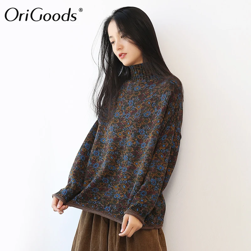 OriGoods водолазка свитер женский цветочный принт пуловер хлопок лен плюс размер 2019