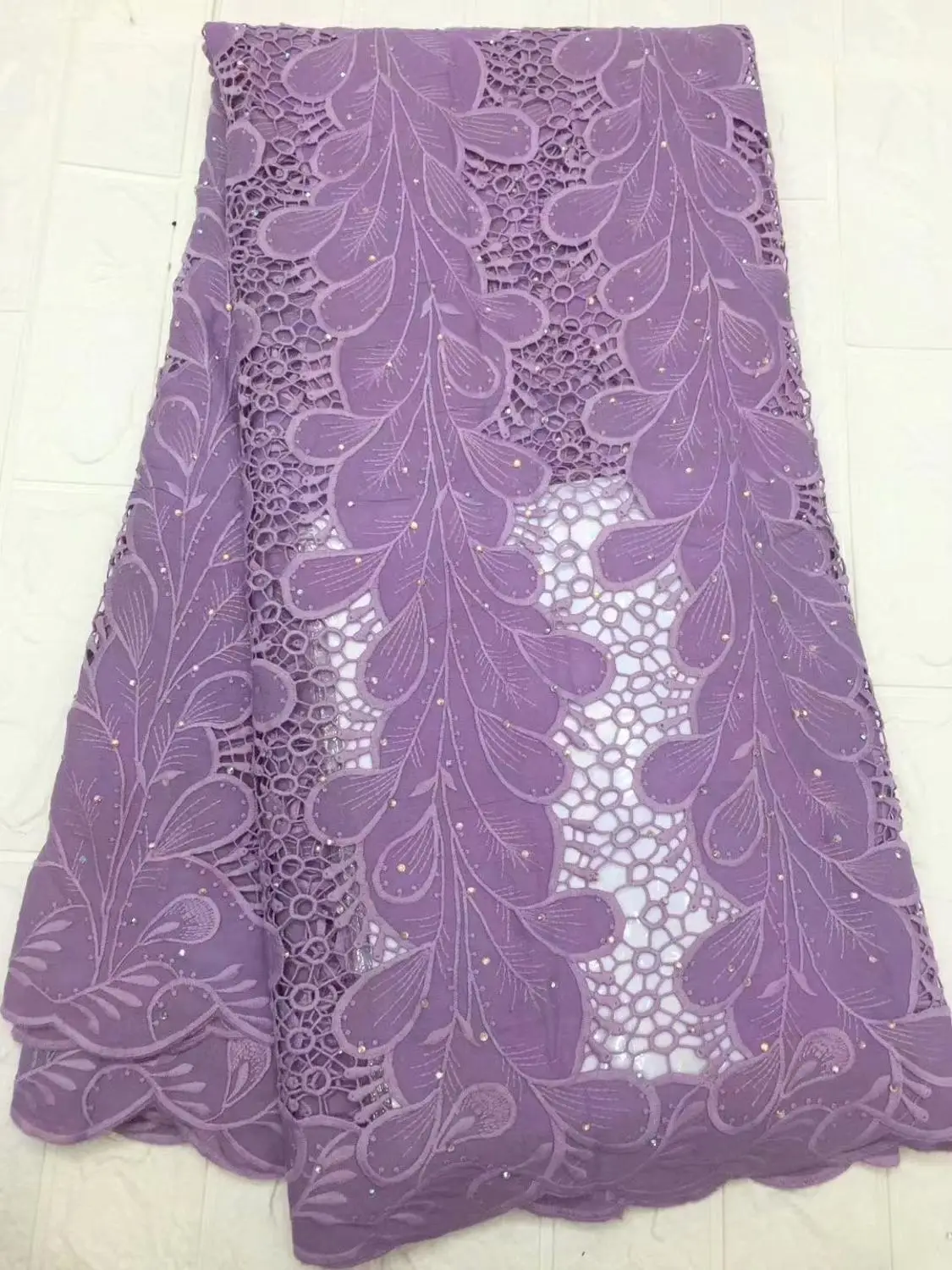 

New Materials Magenta Soft Lace Fabric Quality Water Soluble Fabrics Lilac Rhinestones Guipure Lace Fabrics