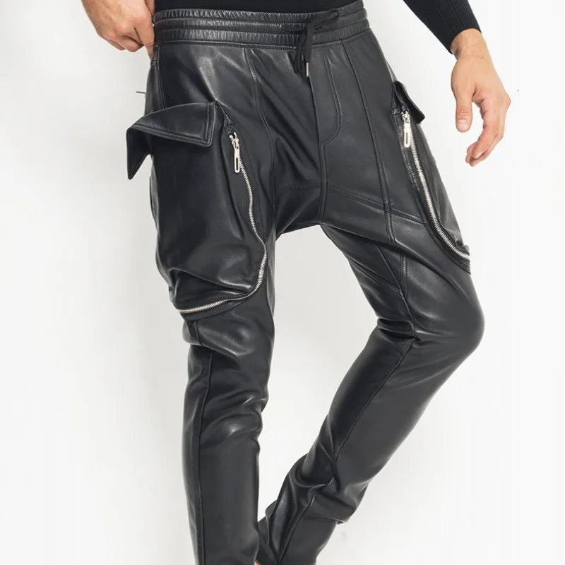 

New mode men's big pocket big pocket elastic size jogging pants in backyard sheepskin leather pants drop pants cross pants