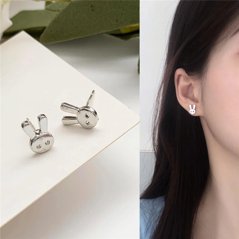 Милые забавные однотонные металлические мини-серьги в виде Головы Кролика