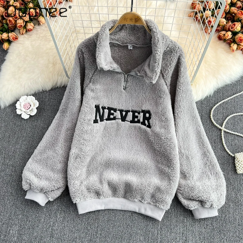 

Женская кашемировая толстовка средней длины, Осень-зима 2021, женская одежда, новые универсальные Свободные топы на молнии с отложным воротни...