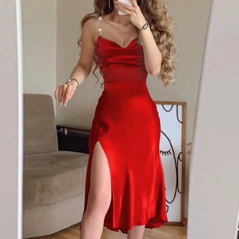 

2021 Sexy Women Sleeveless Sling Homewear Dress Summer Solid Slim Satin Nightgowns Fashion Elegant Sleepwear Dress Dropshipping