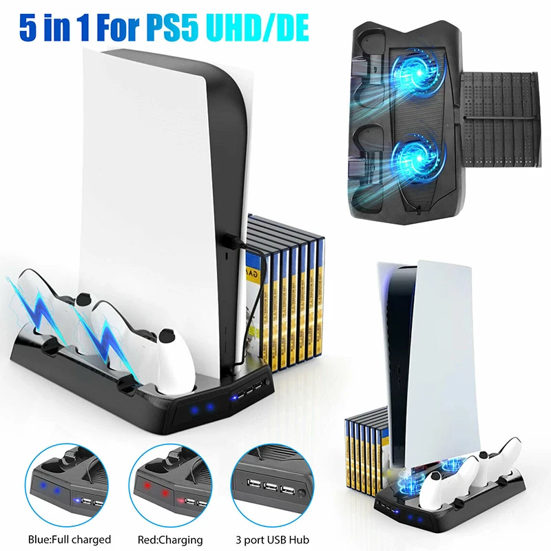 

3 USB Fan Cooler Hub Game Disk Slot Vertical Stand Cooling Fan Charging Station Dual Controller Charger Console Station For PS5