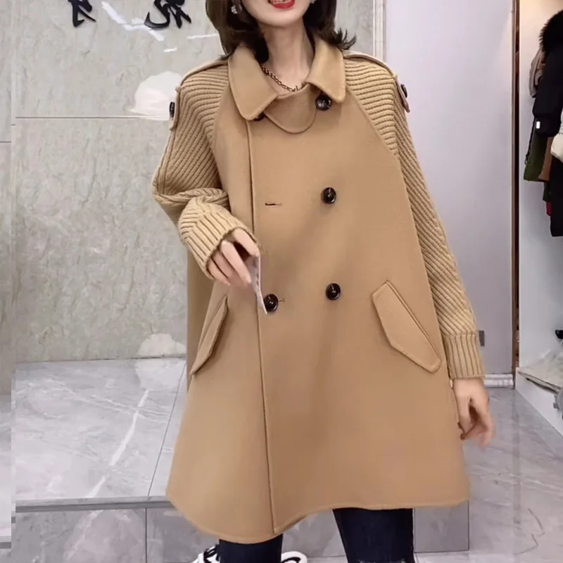 

Autumn Winter A-version Loose Women Woolen Coat Knitted Splicing Doll Collar Double Breasted Medium Long Cloak Tweed Coat Female