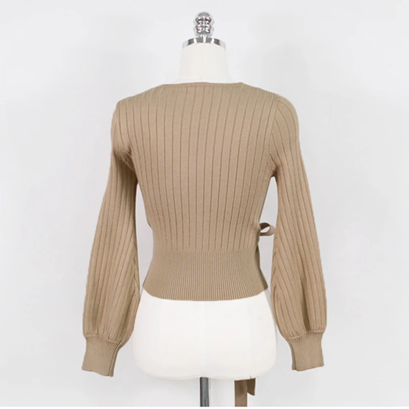 

2021 New Spring Sexy Deep V Neck Sweater Women Pullover Casual Slim Bottoming Lace Up Sweaters Female Elastic Cotton Tops
