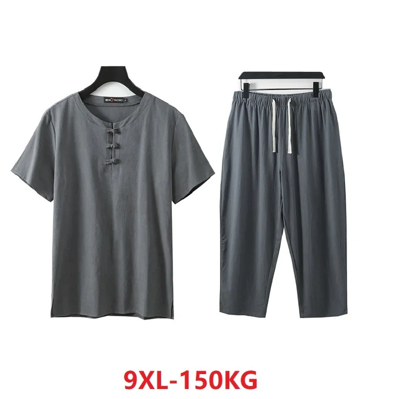 

Футболка мужская льняная с коротким рукавом, льняная рубашка и брюки в китайском стиле, Свободный Топ в стиле оверсайз, большие размеры 7XL 8XL ...