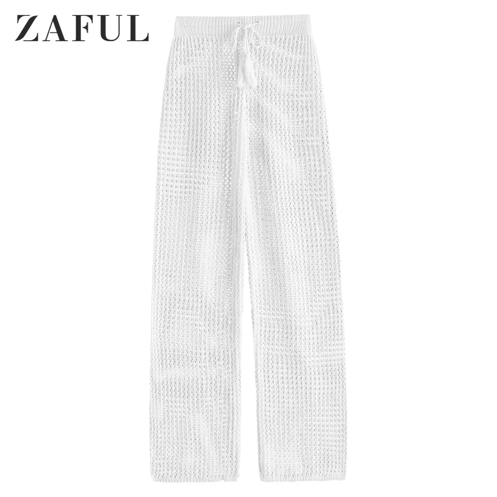 ZAFUL вязаные крючком пляжные штаны с завязками женские одноцветные сексуальные
