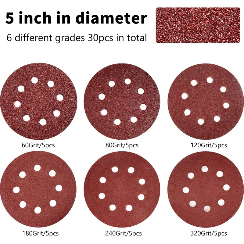 

2 Pieces Sander Pads Replaces 5 Inch 8 Hole Hook and Loop Trackal Sanding Pad with 30 Pieces Sanding Discs Sandpaper
