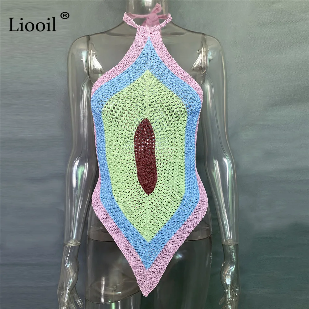 

Liooil Patchwork Knit Ribbed Sexy Halter Corset Tops Women Sleeveless Backless Drawstring Color Block Knitwear Beach Tank Tops