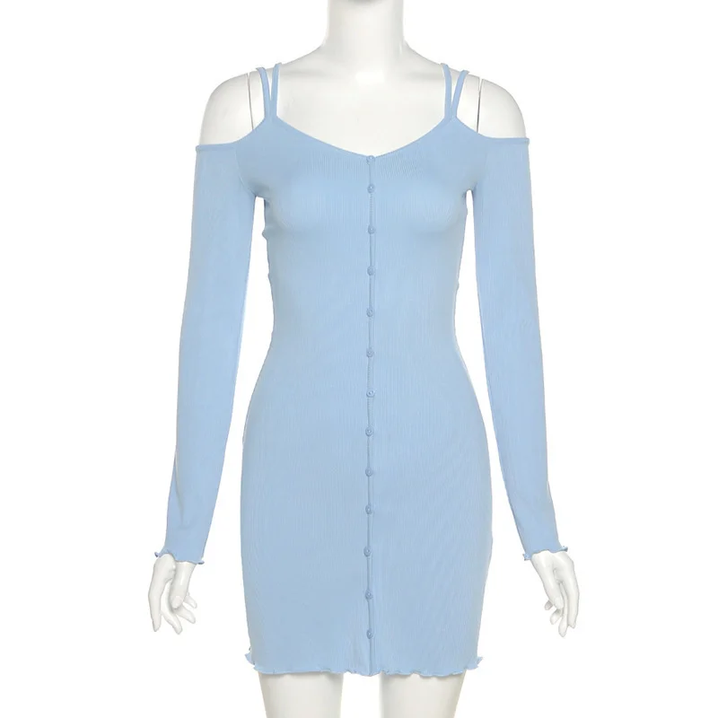 

JULISSA MO New Knitted Long Sleeve Mini Dresses Women Summer Off-shoulder Spaghetti Strap Dress Ladies Skinny Streetwear Vestido