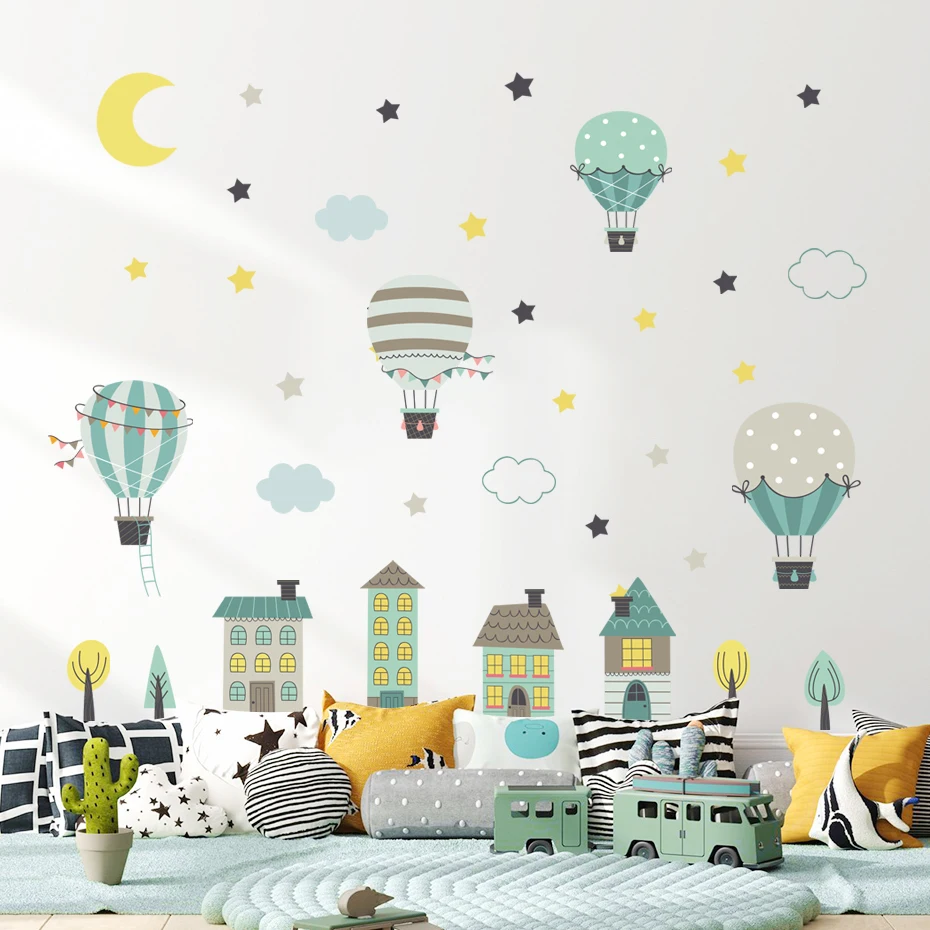 

Modern Hot Air Balloon House Moon Cartoon Green Nursery Wall Stickers Removable Vinyl Wall Decal Baby Kids Room Home Decoration