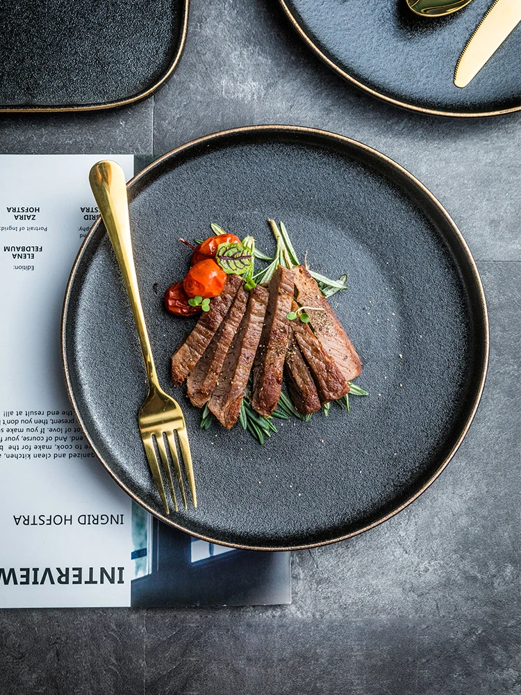 Керамическая тарелка в западном стиле для еды стейка 8/10 дюйма черный матовый