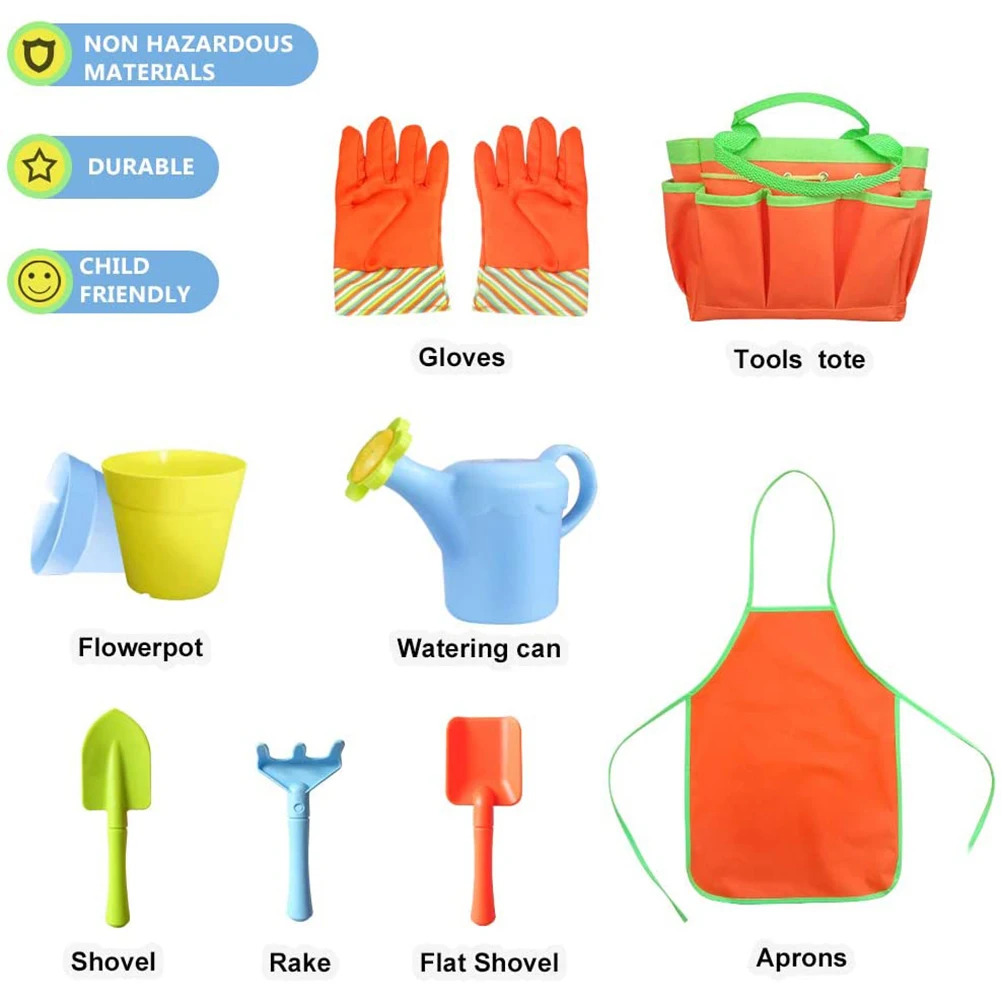 

8Pcs Children Kids Garden Tools Watering Can Shovel Rake Bucket Hat Apron Toys