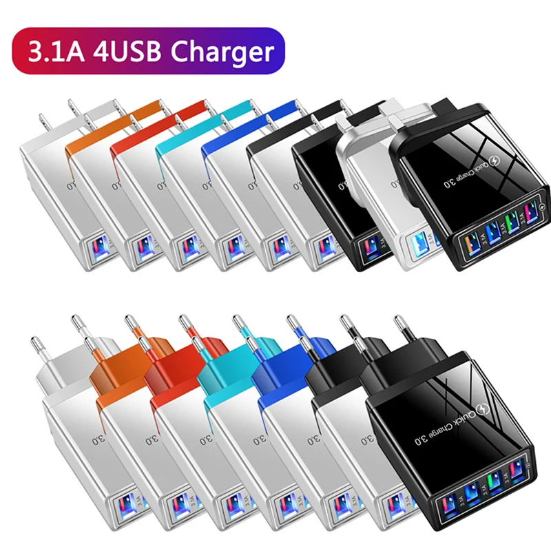 

4 Ports USB LED Mobile Phone Charger 3a Tablet Travel Charging Head For Phone Adapter Do Not Support Qc2.0 3.0 Quick Charging