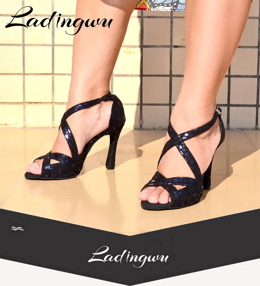 Ladingwu New Dance Shoes Women Profession Ballroom Dance Shoes Salsa Women Black Gold Suede Comfortable Soft Bottom Dance Sandal