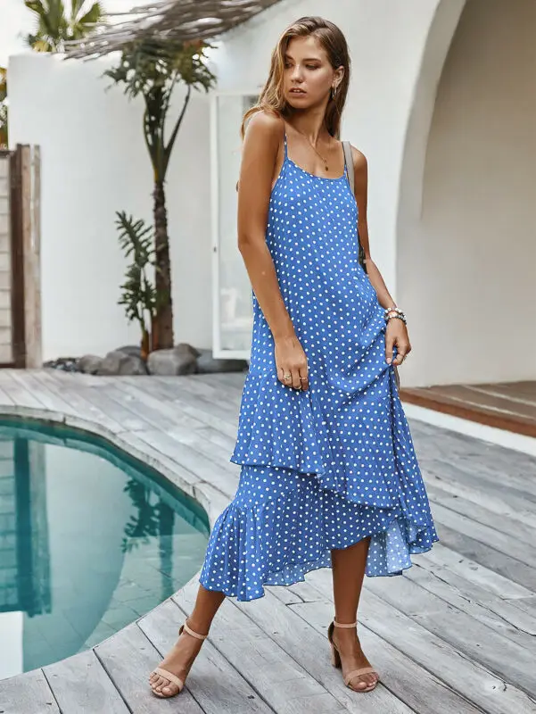 

Women Lady Strappy Polka Dot Irregular Maxi Dress Holiday Sundress Summer Beach