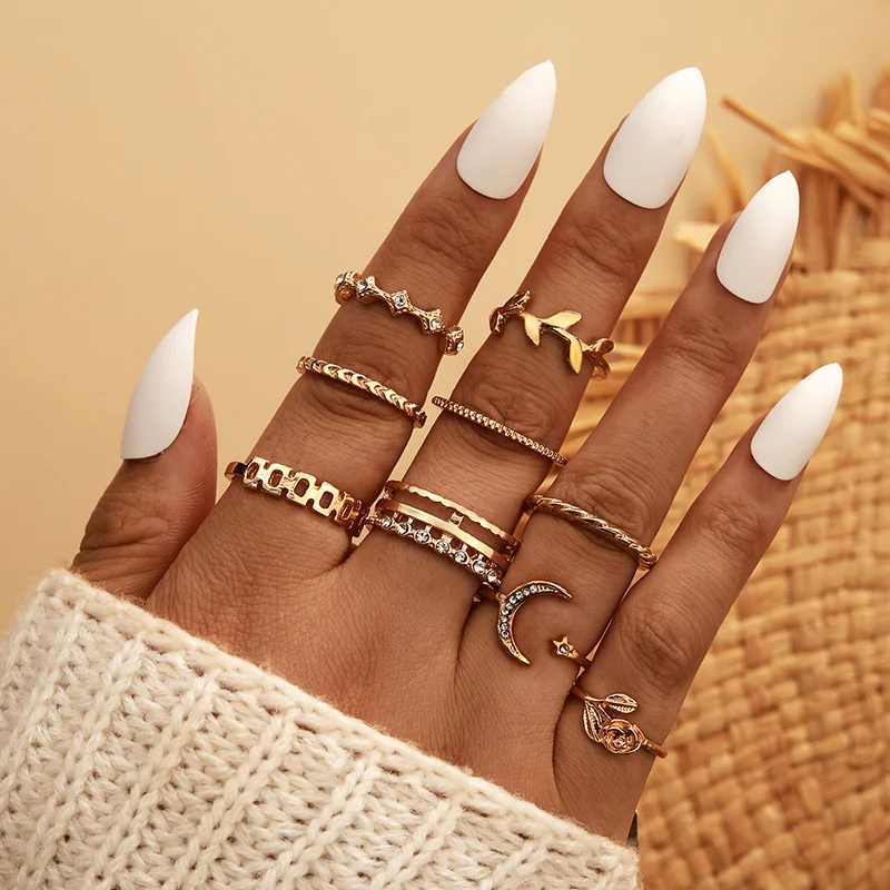 

HuaTang 9pcs/set Vintage Crystal Moon Star Finger Rings Set for Women Gold Flower Midi Knuckle Ring Female Party Jewelry Anillos
