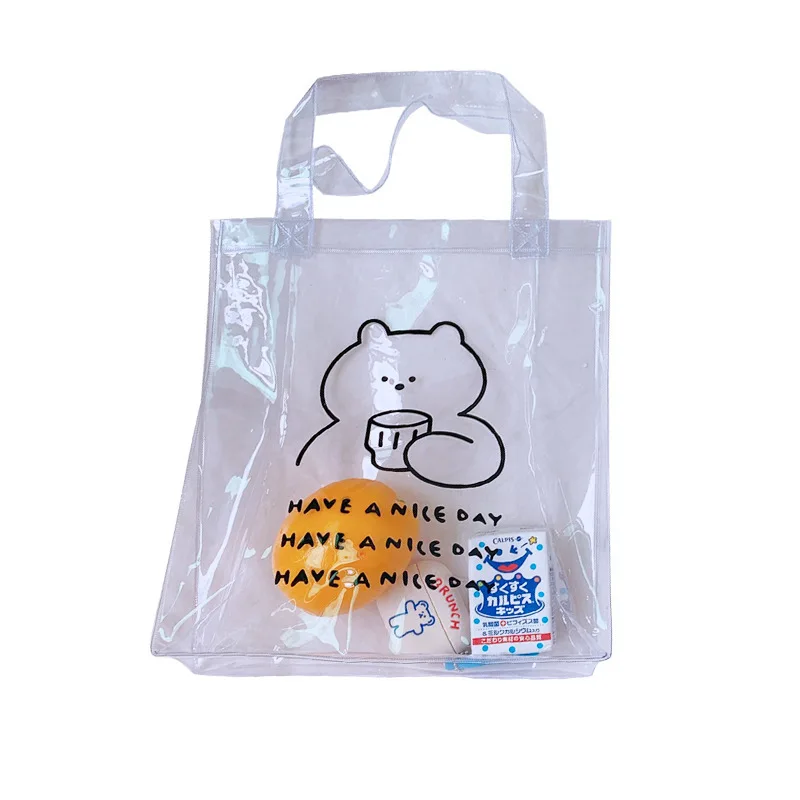 

Korea Ins Cute New Cartoon Bear Transparent Jelly Handbag Net Red Pvc Shopping Bag Beach Bag Large Capacity