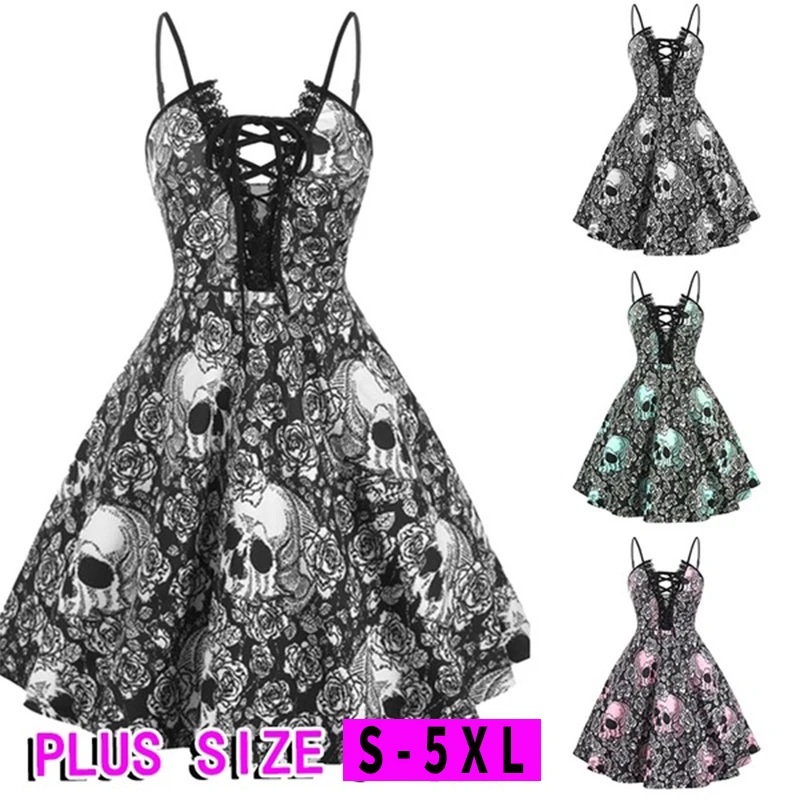 

Women Halloween Costum Cool Punk Style Deep V-Neck Skull Swing Dress Fashion Vintage Spaghetti Strap A-Line Sling Gothic Dresses