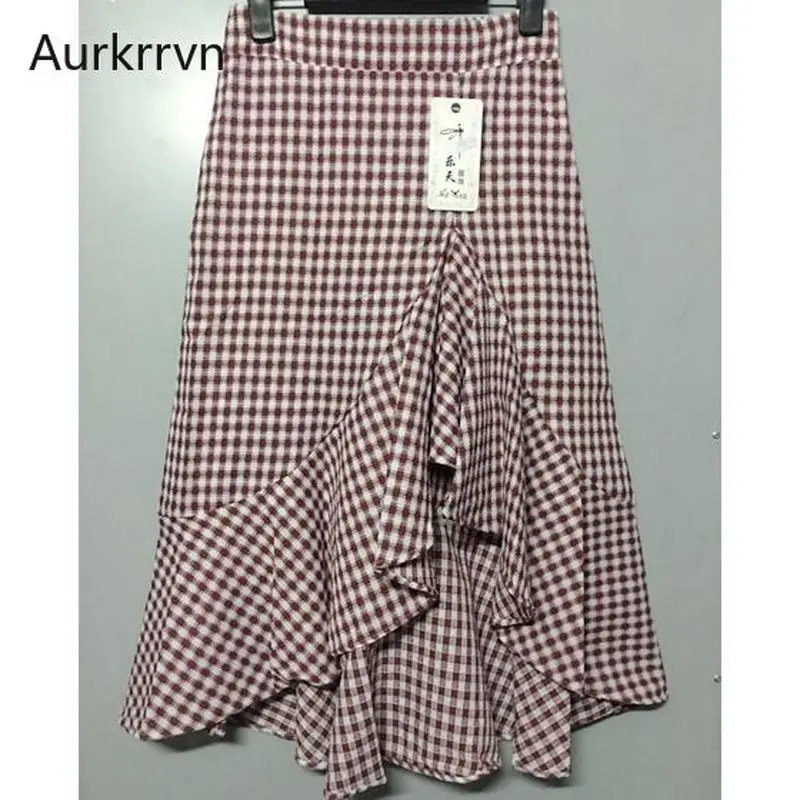 

Aurkrrvn Womens Stripe Flounce Mermaid Skirts Summer High Waist Ruffled Plaid Skirts Woman Elegant Asymmetrical Trumpet Skirt