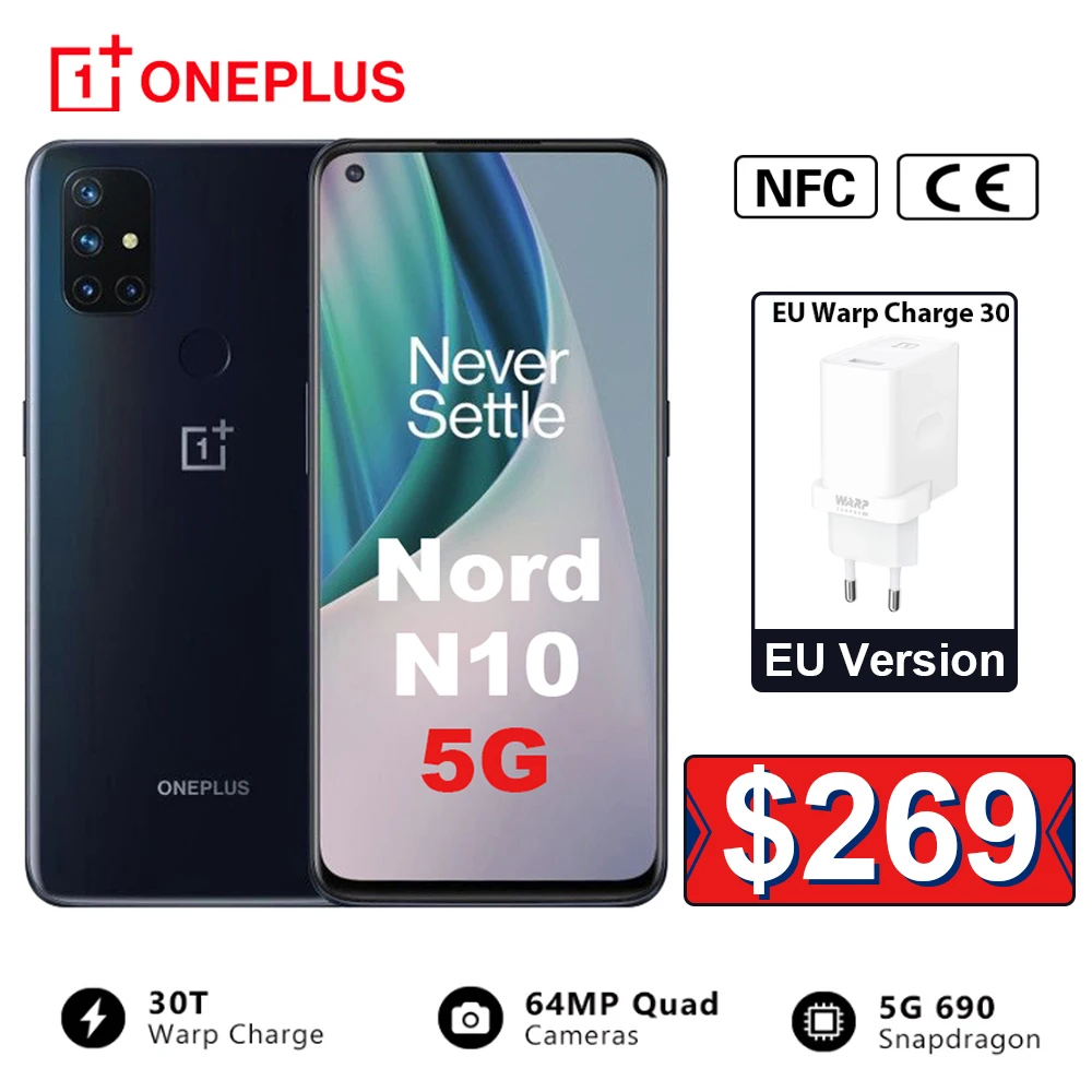 Перейти на Алиэкспресс и купить EU версии OnePlus Nord N10 5G 6 ГБ Оперативная память 128 Гб Встроенная память Snapdragon 690 смартфон 90 Гц Дисплей 64MP Quad камеры Warp 30T NFC мобильный телефон