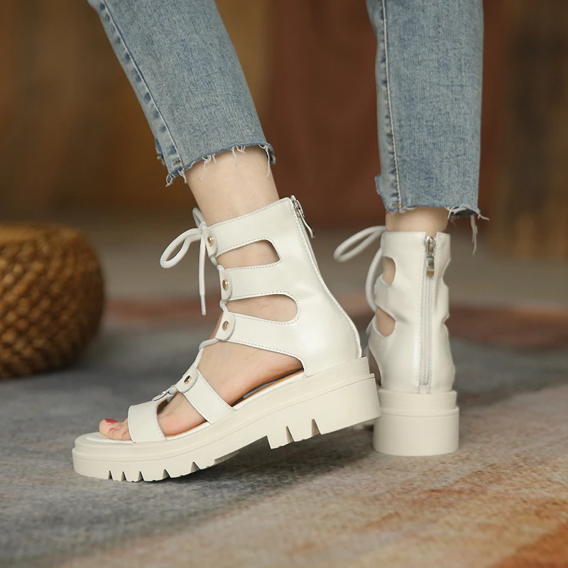 

FEDONAS Platforms Fashion Summer Women Sandals Rivets Cross-Tied Genuine Leather Thick Heels Casual Zipper Gladiator Shoes Woman