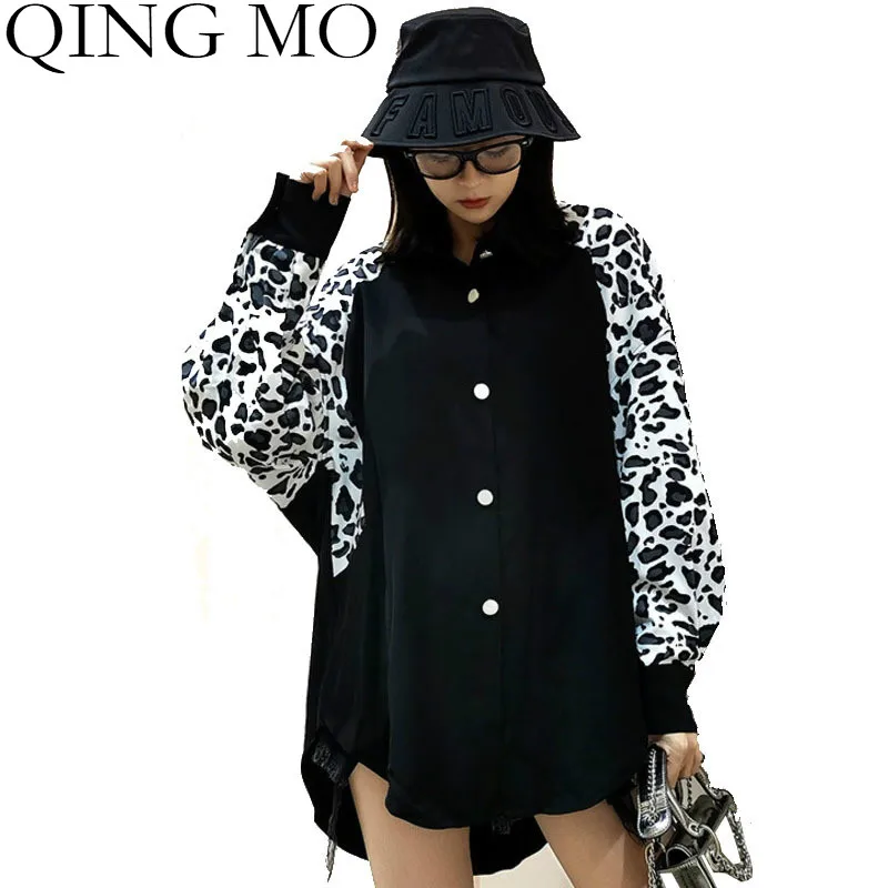 

Женская рубашка с леопардовым принтом QING MO, черная Асимметричная блузка с длинным рукавом, свободная блузка, весна-осень 2021