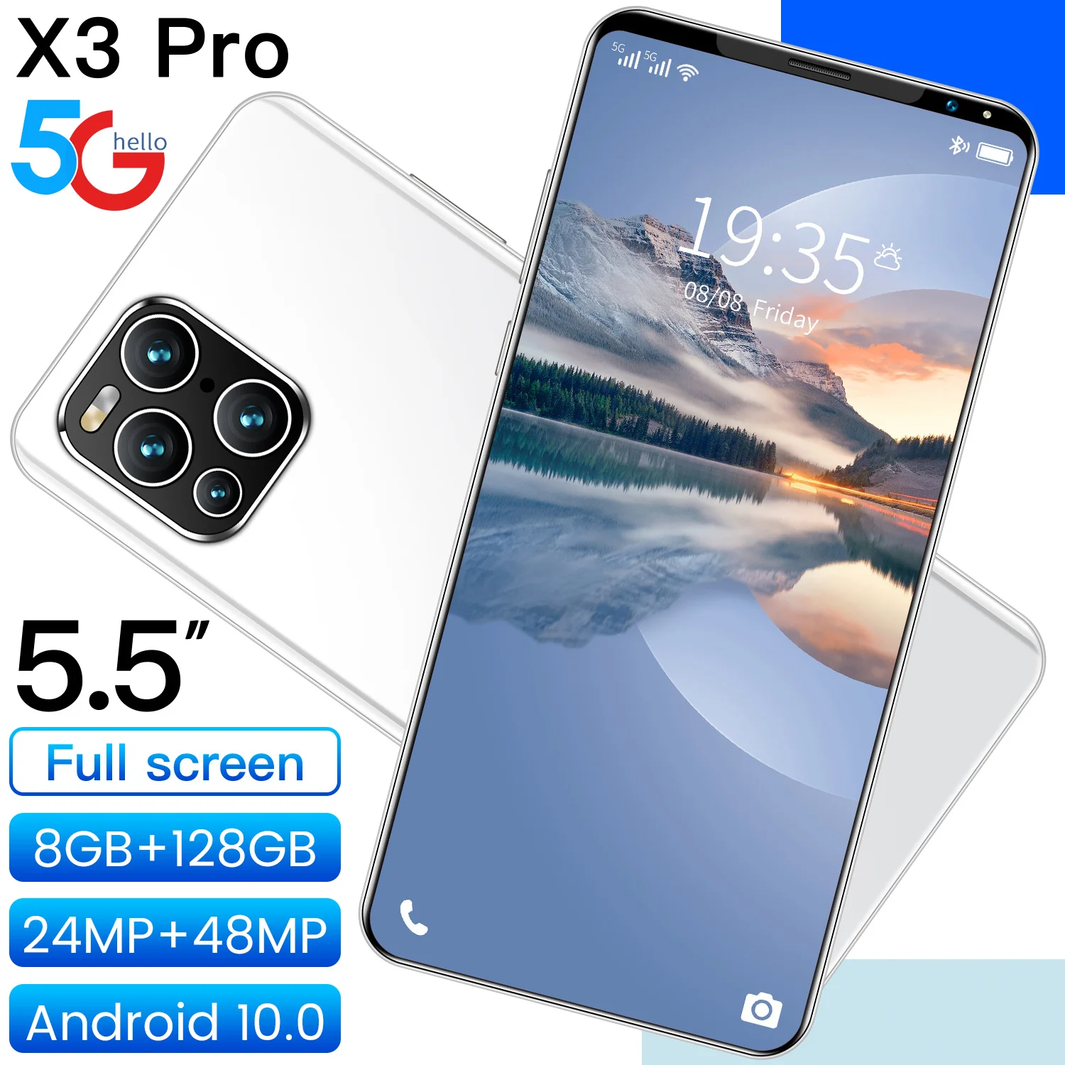 

New Arrival X3 Pro 5.5Inch 24MP+48MP MT6889 10Core 5G Smartphone 5600MAH 8+128GB Finger Face ID Double SIM Card Android 10.0