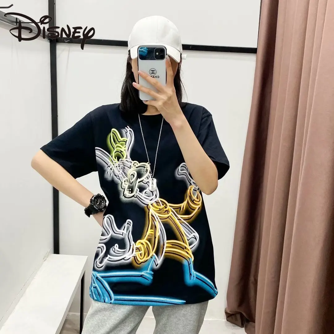 

Disney spring and summer fashion women's versatile round neck bottom shirt cartoon print loose short sleeves show thin T-shirt