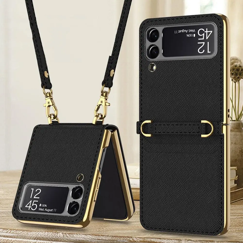 

For Sam Sung Galaxy Z Flip 3 5G Phone Case With Card Slot Magnetic Flip Case With Lanyard Shock Resistant Phone Case With Mirror