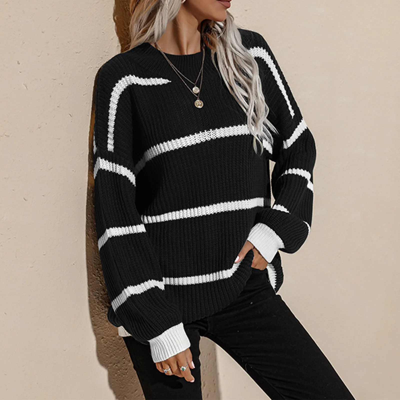 

Женский свитер с круглым вырезом, Свободный Полосатый пуловер в стиле ретро, Модный повседневный вязаный свитер, женский свитер