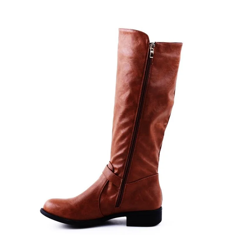 

Round head pure color double buckle side boots new boots for women in Europe station pure color round head boots for women