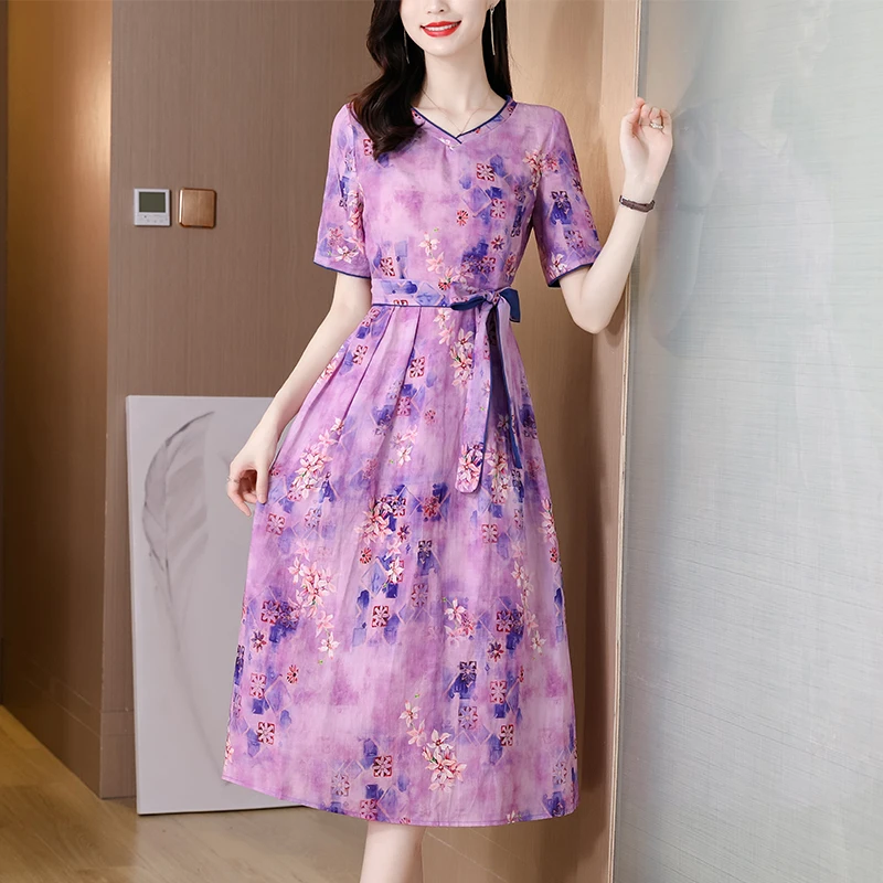 

2021 Summer Vintage Ramie Purple Floral M-3XL Dress Casual Elegant Cotton Linen Print Beach Midi Dress Women Slim Party Vestidos