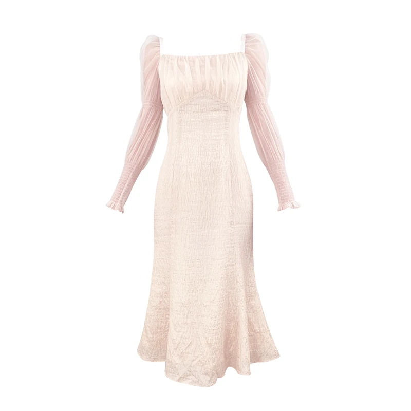 

New French fishtail dress women's summer 2021 new foam sleeve mesh stitching square collar long sleeve buttock skirt