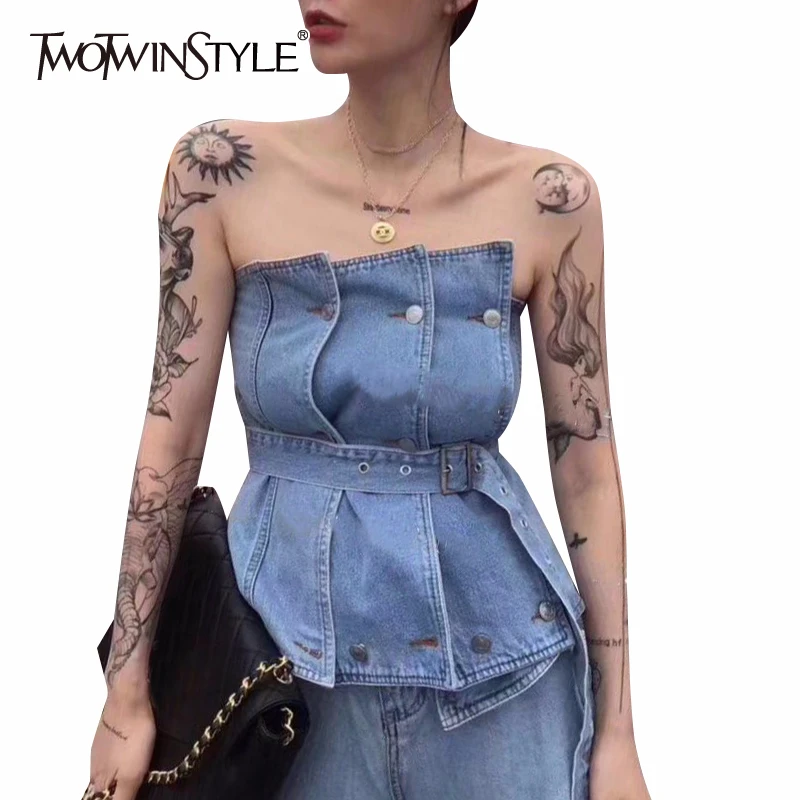 Женская Асимметричная майка TWOTWINSTYLE летняя черная белая без бретелек рукавов с