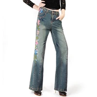 free shipping 2021 new fashion long pants for women embroidery flower trousers plus size denim wide leg jeans female chinese