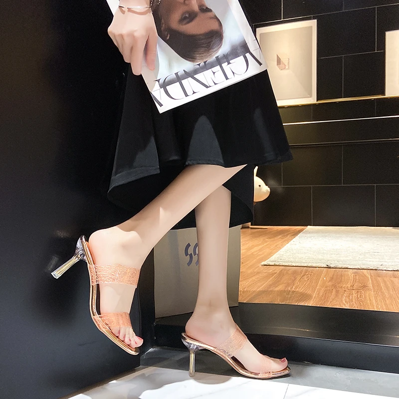 Summer High Heels Women Shoes Fashion Transparent Heels Sexy Hollow Breathable Slippers Square Toe Female Clear Heels Slides